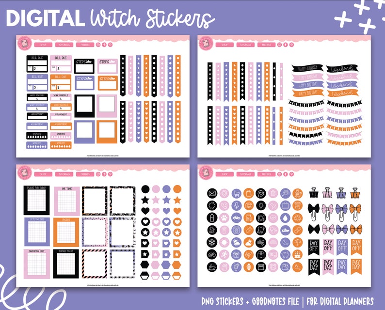 May include: Digital planner stickers featuring a witch theme. The stickers include various shapes, sizes, and colors, including black, orange, purple, and pink. The stickers feature a variety of designs, including stars, hearts, bows, and frames. The stickers are designed for use in digital planners.
