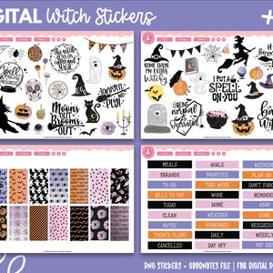 May include: A set of digital witch stickers for digital planners. The stickers feature various Halloween-themed designs, including witches, brooms, pumpkins, and spooky sayings. The stickers are in a variety of colors, including black, orange, purple, and green.