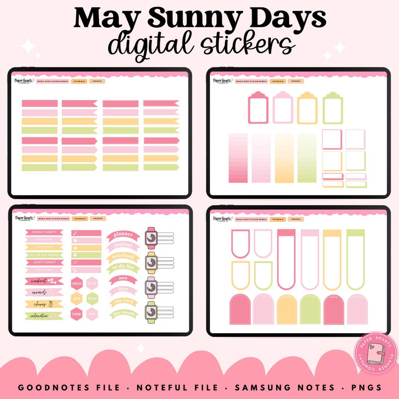 May include: Digital sticker set titled "May Sunny Days" with various planner elements in pink, yellow, and green. Includes banners, labels, and watch-themed designs. Compatible with GoodNotes, Noteful, and Samsung Notes.
