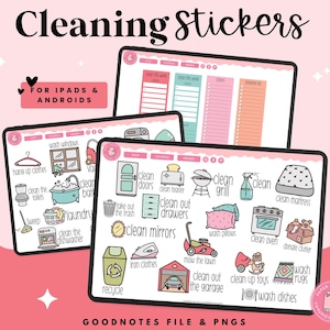 May include: A set of colorful digital stickers for use with Goodnotes and other note-taking apps. The stickers feature illustrations of household chores, such as cleaning the bathroom, washing dishes, and taking out the trash. The stickers are designed for use on iPads and Android devices.
