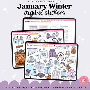 May include: Digital stickers for iPads and Androids featuring a winter theme. The stickers include illustrations of winter clothing, a snowman, a fireplace, and the text "January Winter digital stickers". The stickers are available in GoodNotes, Noteful, and Samsung Notes formats.