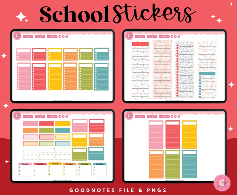 May include: Four digital screens displaying colorful school-themed stickers for use in digital planners. The stickers include various shapes, sizes, and colors, including pink, red, orange, yellow, green, and blue. The stickers are designed for use in the Goodnotes app.