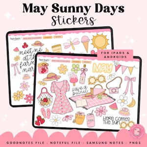 May include: Digital sticker set for iPads and Androids with a spring picnic theme. The stickers include a pink floral dress, flowers, sunglasses, a camera, and the text "May Sunny Days Stickers".