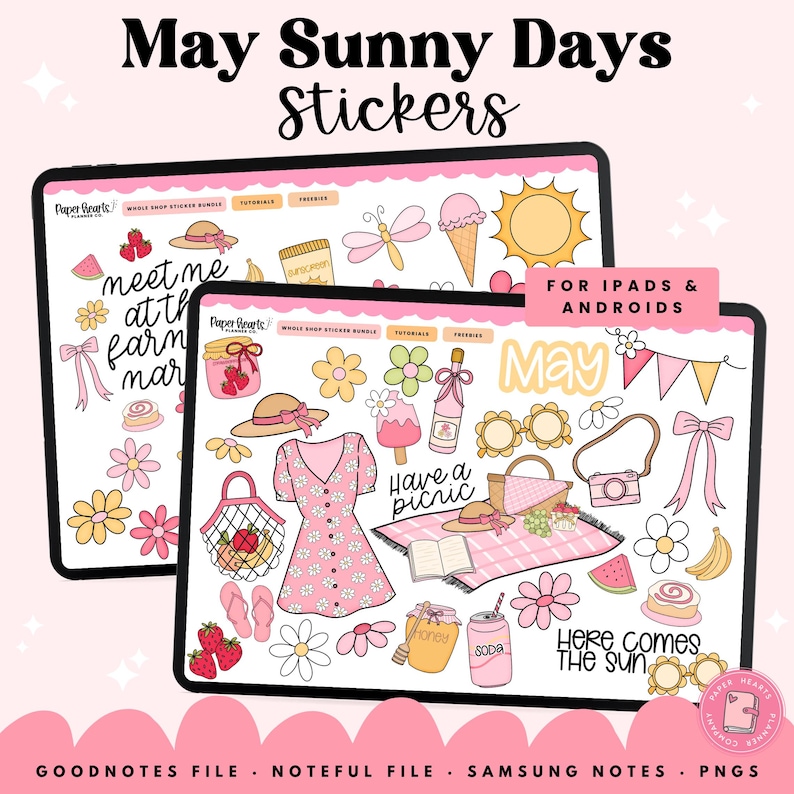 May include: Digital sticker set for iPads and Androids with a spring picnic theme. The stickers include a pink floral dress, flowers, sunglasses, a camera, and the text "May Sunny Days Stickers".