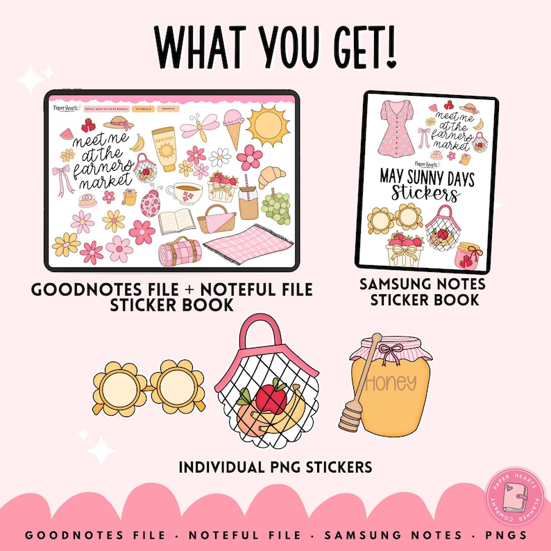 May include: Digital sticker set with a farmer's market theme. Includes GoodNotes and Noteful sticker books, Samsung Notes sticker book, and individual PNG stickers. Features illustrations of flowers, food, and picnic items.