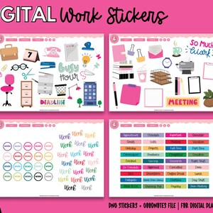 Op de afbeelding: Digitale werkstickers met diverse illustraties met kantoorthema, waaronder een aktetas, een bril, een kalender, een telefoon, een nietmachine, een gloeilamp, een bureau, een roze stoel en de woorden "Busy Hour" en "Deadline".