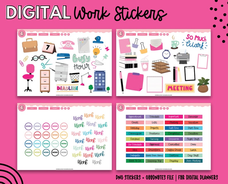Op de afbeelding: Digitale werkstickers met diverse illustraties met kantoorthema, waaronder een aktetas, een bril, een kalender, een telefoon, een nietmachine, een gloeilamp, een bureau, een roze stoel en de woorden "Busy Hour" en "Deadline".
