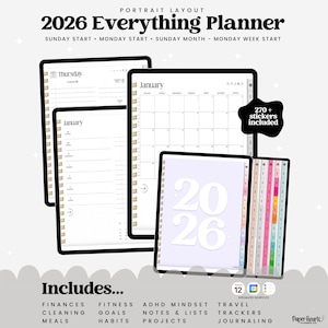 Puede incluir: Un planificador 2026 Everything Planner en formato vertical. El planificador incluye secciones para finanzas, limpieza, comidas, objetivos de fitness, hábitos, mentalidad TDAH, notas, listas y proyectos. Incluye más de 270 pegatinas.