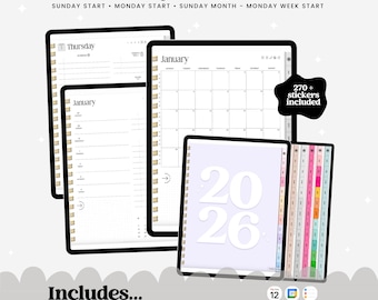 2026 Digital Planner for iPad & GoodNotes • Dated • Monthly, Weekly, Daily • Portrait, Hyperlinked • Apple, Google Calendar • PDF Template