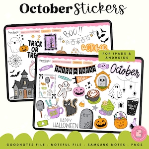 Puede incluir: Dos tabletas digitales que muestran pegatinas con temática de Halloween. Las pegatinas incluyen fantasmas, calabazas, murciélagos, telarañas y el texto "Trick or Treat". La tableta superior dice "October Stickers" y "Boo!!". La tableta inferior dice "Happy Halloween".