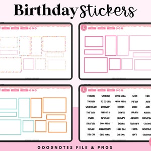 May include: A digital planner page with colourful birthday stickers for Goodnotes. The stickers include frames, boxes, and text boxes with the words "Birthday", "Date Night", "Anniversary", "Make Bed", "Chill Out", "Girls Night", "Day Off", "To Do List", "Movie Night", "Party", "Work", "Hey", "June", "July", "August", "September", "October", "November", "December", "January", "February", "March", "April", "May", "Laundry", "Dishes", "Pizza Night", "Plan on it", "Chores", "Unwind", "Monday", "Tuesday", "Wednesday", "Thursday", "Friday", "Saturday", "Sunday".