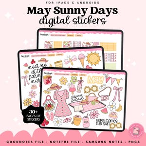 May include: Digital sticker bundle titled "May Sunny Days" for iPads and Androids. The image shows three tablets displaying various digital stickers with a picnic theme, including flowers, a dress, and the text "Here comes the sun."