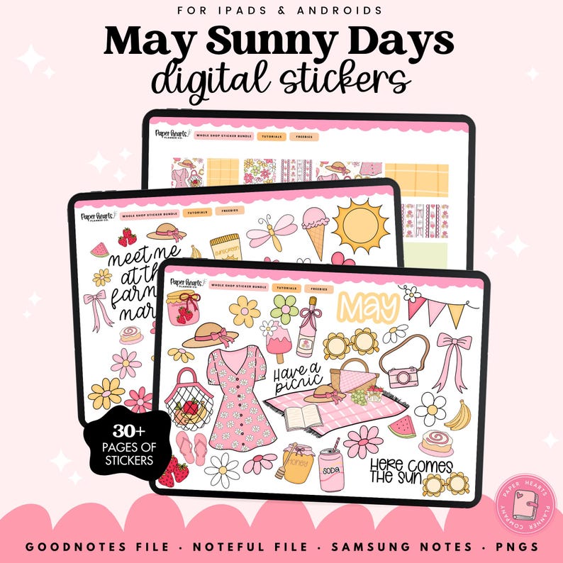 May include: Digital sticker bundle titled "May Sunny Days" for iPads and Androids. The image shows three tablets displaying various digital stickers with a picnic theme, including flowers, a dress, and the text "Here comes the sun."