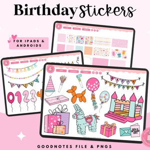 May include: A set of digital stickers for iPad and Android devices featuring birthday party themed illustrations. The stickers include a colourful banner that says "Happy Birthday", a bouncy castle, a pi&ntilde;ata, a party hat, balloons, and numbers. The stickers are designed in a bright and cheerful style.
