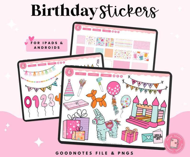 May include: A set of digital stickers for iPad and Android devices featuring birthday party themed illustrations. The stickers include a colourful banner that says "Happy Birthday", a bouncy castle, a pi&ntilde;ata, a party hat, balloons, and numbers. The stickers are designed in a bright and cheerful style.
