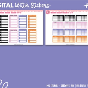 May include: A set of digital planner stickers featuring a witch theme. The stickers include checklists for morning and evening routines, as well as habit trackers and to-do lists. The stickers are in black, pink, purple, and orange.