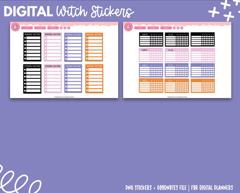 May include: A set of digital planner stickers featuring a witch theme. The stickers include checklists for morning and evening routines, as well as habit trackers and to-do lists. The stickers are in black, pink, purple, and orange.