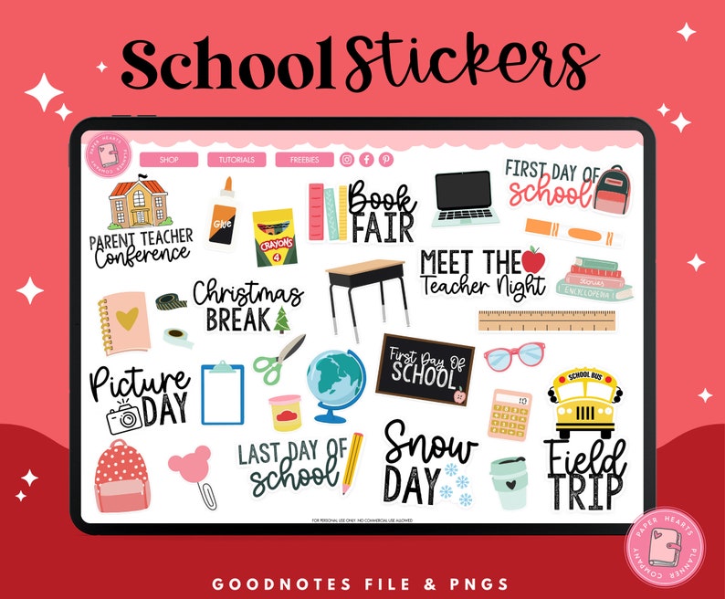 May include: A digital planner sticker set with colorful illustrations for school events. The stickers include phrases like "First Day of School", "Meet the Teacher Night", "Picture Day", "Snow Day", and "Field Trip".