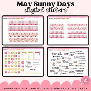 May include: Digital sticker set titled "May Sunny Days" with various designs. Includes calendar strips, floral patterns, and individual stickers with phrases like "hello," "weekend," and "dinner time." The color palette is primarily pink and white.