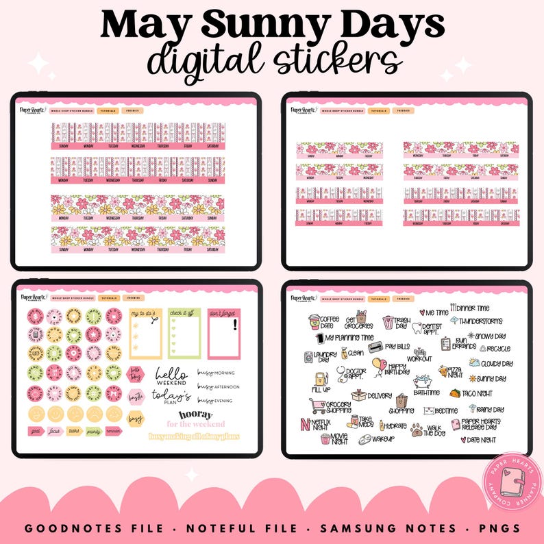 May include: Digital sticker set titled "May Sunny Days" with various designs. Includes calendar strips, floral patterns, and individual stickers with phrases like "hello," "weekend," and "dinner time." The color palette is primarily pink and white.