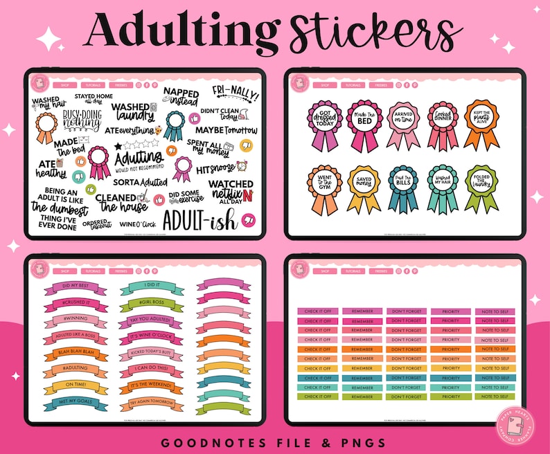 May include: A digital sticker set labelled "Adulting Stickers" in a whimsical font. The set features stickers with phrases such as "Washed the laundry," "Made the bed," and "Didn't clean today." The stickers are in a range of colours.