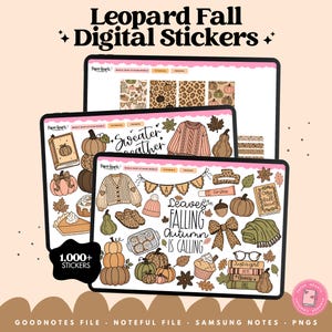 Può includere: Set di adesivi digitali intitolato Leopard Fall Digital Stickers con oltre 1.000 elementi. Le grafiche includono zucche, maglioni, foglie autunnali, libri e testi come Sweater Weather e Leaves are falling autumn is calling.