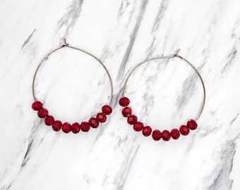 Red Beaded Hoop Earrings: Elegant Silver Earrings