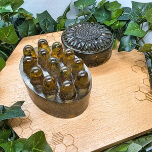 May include: A collection of amber-colored, dome-shaped objects arranged in a metal holder, alongside a sunflower-shaped container. The items rest on a wooden surface with a honeycomb pattern, surrounded by green foliage. The objects appear to be soap or bath products.