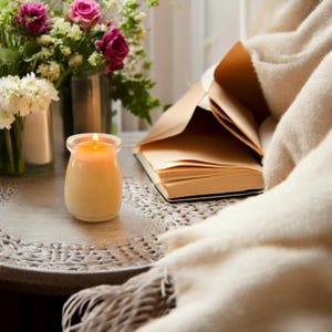 May include: A lit candle in a clear glass jar sits on a textured table next to an open book with cream-colored pages. A bouquet of pink roses and white flowers in a glass vase is positioned behind the candle, partially draped by a soft beige blanket.