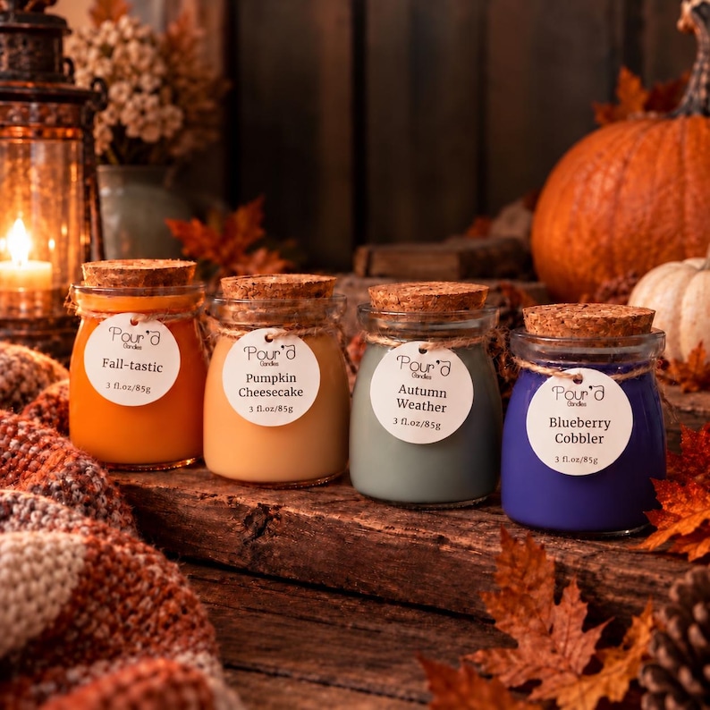 May include: Four glass jars of scented candles with cork stoppers, each featuring a white circular label with the brand name Pour'a Candles, a scent name, and the volume 3 fl. oz/85g. The wax colors are orange, light tan, sage green, and purple.