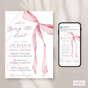She&#39;s Tying The Knot Bridal Shower Invite, Pink Bow Watercolor Invitation, Canva Template Digital Download