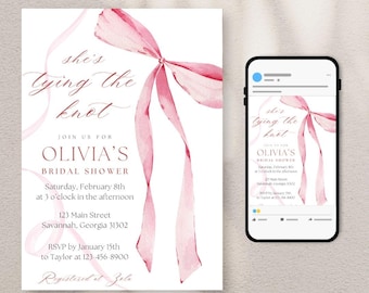 She's Tying The Knot Bridal Shower Invite, Pink Bow Watercolor Invitation, Canva Template Digital Download