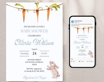 Baby Shower Invite Bunny Rabbit Invitation Whimsical Watercolor Vintage Boho Carrot Baby Animal Evite Canva Template Custom Digital Download