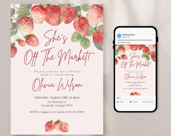 Off The Market Bridal Shower Invite, Watercolor Strawberry Fruit Invitation, Whimsical Bachelorette Theme, Canva Template Digital Download