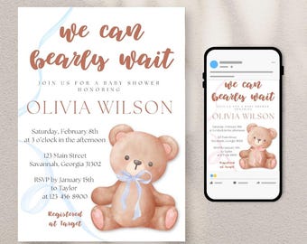 We Can Bearly Wait Baby Shower Invite | Teddy Bear Invitation | Whimsical, Watercolor, Vintage, Boho | Boy or Girl Custom Canva Template