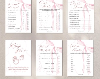 She's Tying The Knot Bridal Shower Games, Pink Bow Watercolor Games, Canva Template Digital Download