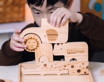 Holztier Steckspiel: Montessori Puzzle, Safari Kinderzimmer Deko