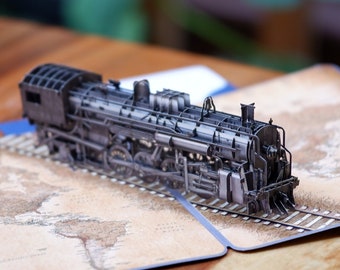 Paper Black Steam Train Pop-Up Card: Vintage Noir Greeting