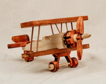 Vintage houten tweedekker speelgoed, propellervliegtuig van natuurlijk hout, decor kinderkamer, Montessori-peutercadeau
