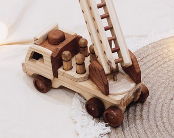 Houten brandweerwagen speelgoed - Perfect 2e verjaardagscadeau voor jongens - Decor van de kinderkamer - Verzamelbare brandweerspeelset voor peuters