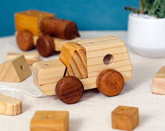 Coche de madera para tirar - Juguete apilable - Regalos para niños pequeños - Bloques de construcción - Juguete creativo