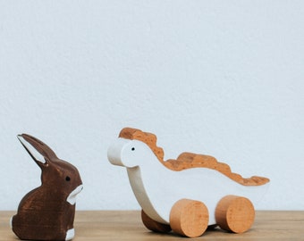 Wooden Dinosaur White Car Pull & Push Toy: Chestnut Wood Kids Gift