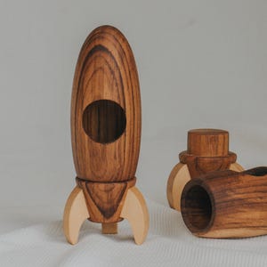 Personalized Wooden Rocket Ship Toy - Organic Wood Baby & Toddler Gift, Keepsake Nursery Shelf Decor