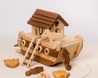Noah’s Ark Wooden Toys Nursery Decor, Noahs Animals Play Set, Christian Kids Room Decor, 2nd Birthday Baptism Gift for Kids Boy and Girl