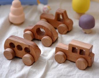 Natural Wood Vehicle Toy Set: Montessori Truck, Bus & Cars
