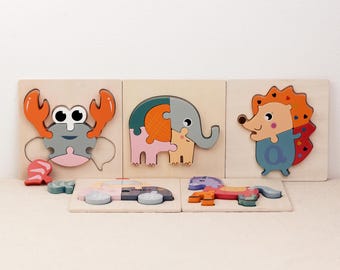 Wooden Puzzle Toy Montessori Gift | Baby Wooden Toy | Cute Crab, Elephant, Horse, Hedgehog & Car Simple Jigsaw Puzzles for Toddlers