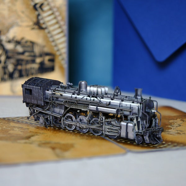 Carte pop-up 3D faite main de train à vapeur : voeux uniques et délices de cartes postales ! Carte postale A5 Train locomotive surprise cadeau d'adieu