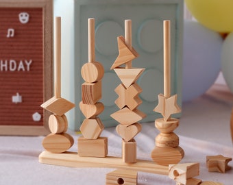 Wooden Stacking Toy with Geometric Blocks in Different Shapes for Toddlers - Handcrafted Baby Girl Gift - Adorable Kids Room & Nursery Decor