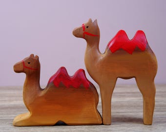 Wooden Camel Figurines: Red Accent, Montessori Animal Toy Playset