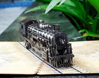 Steam Engine Pop Up Card, 3D Wooden Train Greeting Card, Gift for Dad, Railroad Lover, Engineer, Father's Day Card